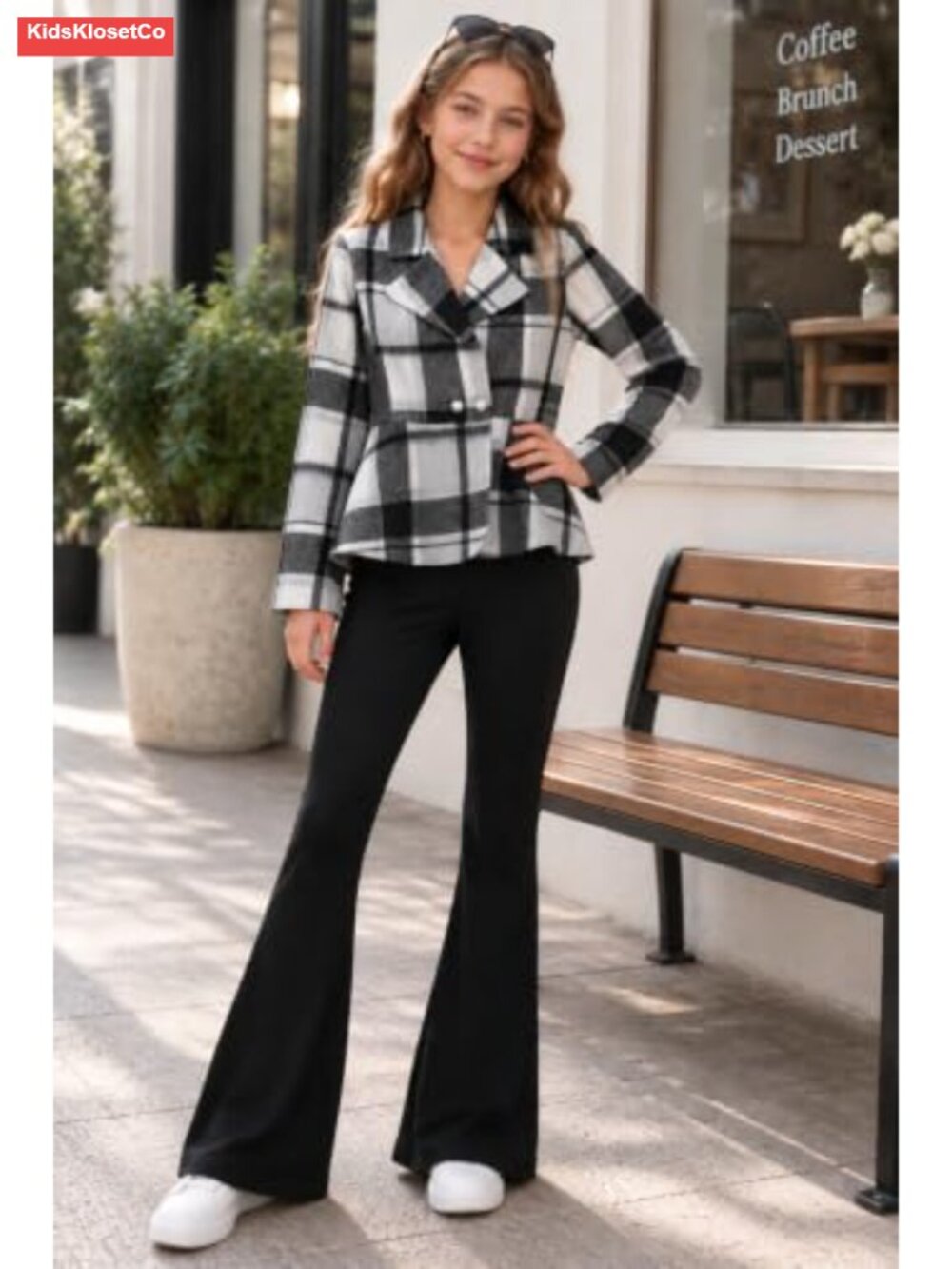 Girls 2-Piece Plaid Flannel Outfit Long-Sleeve Top & Flare Pants Fall - Picture 2 of 5